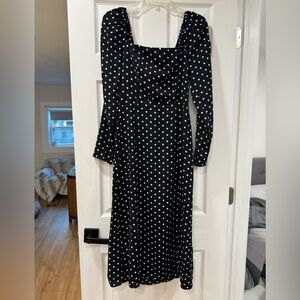 Lulus Charmed & Classy Black Polka Dot Long Sleeve Midi Dress - Size Small